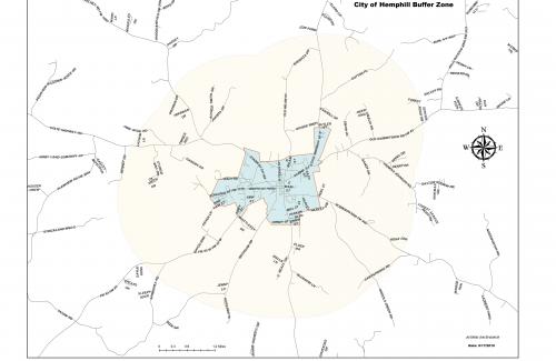 Hemphill Texas city map with border and buffer zone