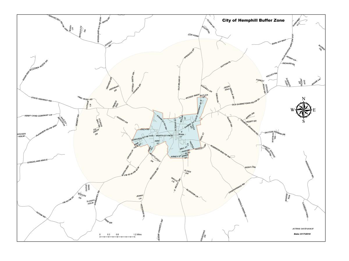 Hemphill Texas city map with border and buffer zone
